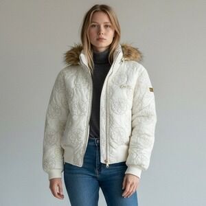 VTG Beyonce Dereon Puffer Jacket Womens XL Whtie Faux Fur Hooded Quilted Y2K NWT